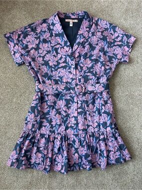 Hutch Peach Floral Belted Ruffle Hem Mini Dress Pink Navy Cotton XL